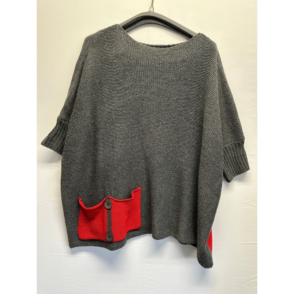 Art To Wear Boxy Knit Sweater Gray Red‎ Pocket Detail Oversized One Size